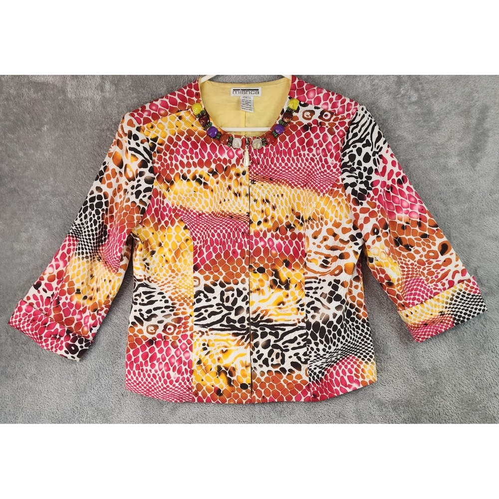 Mishca Jacket Womens Large Multicolor Animal Print Beaded Zip Front Boho Retro